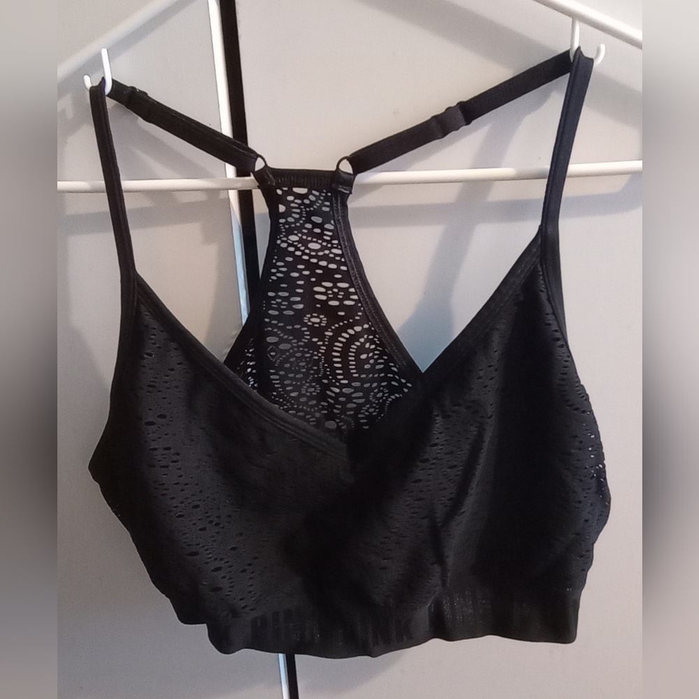 PINK SPORT Ultimate Lightly Lined Lace Racerback Bra, Black, Sz XL